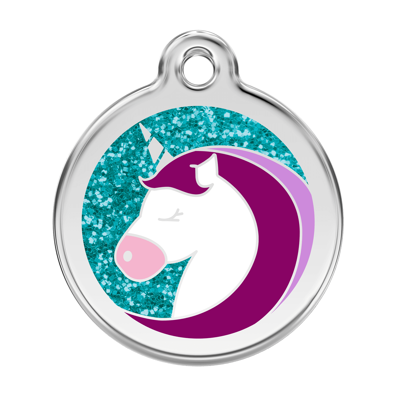 Vorderansicht - Hundemarke Glitzer-Einhorn Aqua L aus Edelstahl und Emaille