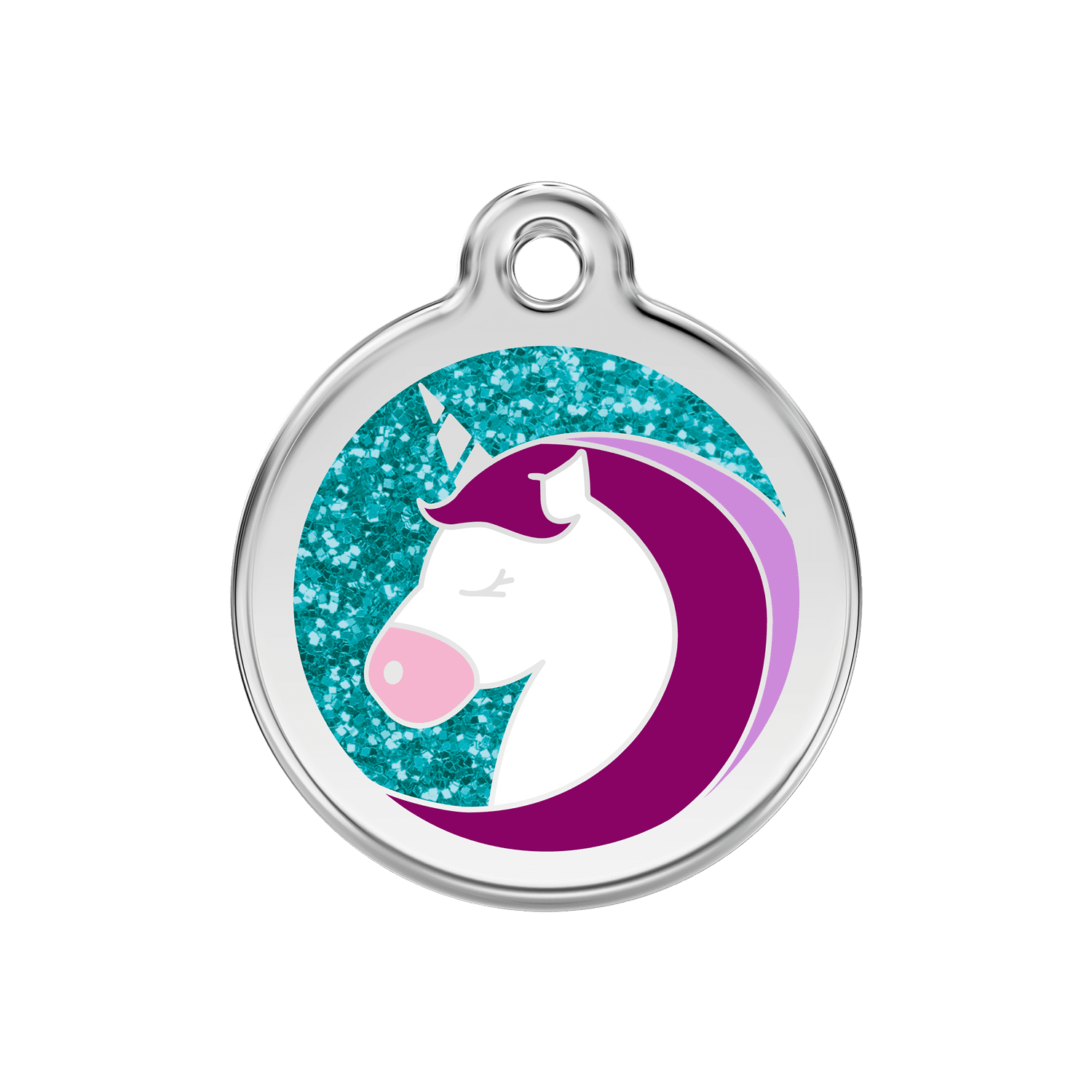 Vorderansicht - Hundemarke Glitzer-Einhorn Aqua M aus Edelstahl und Emaille