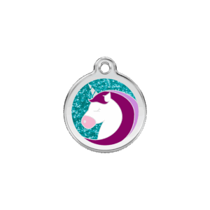 Katzenmarke Glitzer-Einhorn Aqua S aus Emaille und Edelstahl