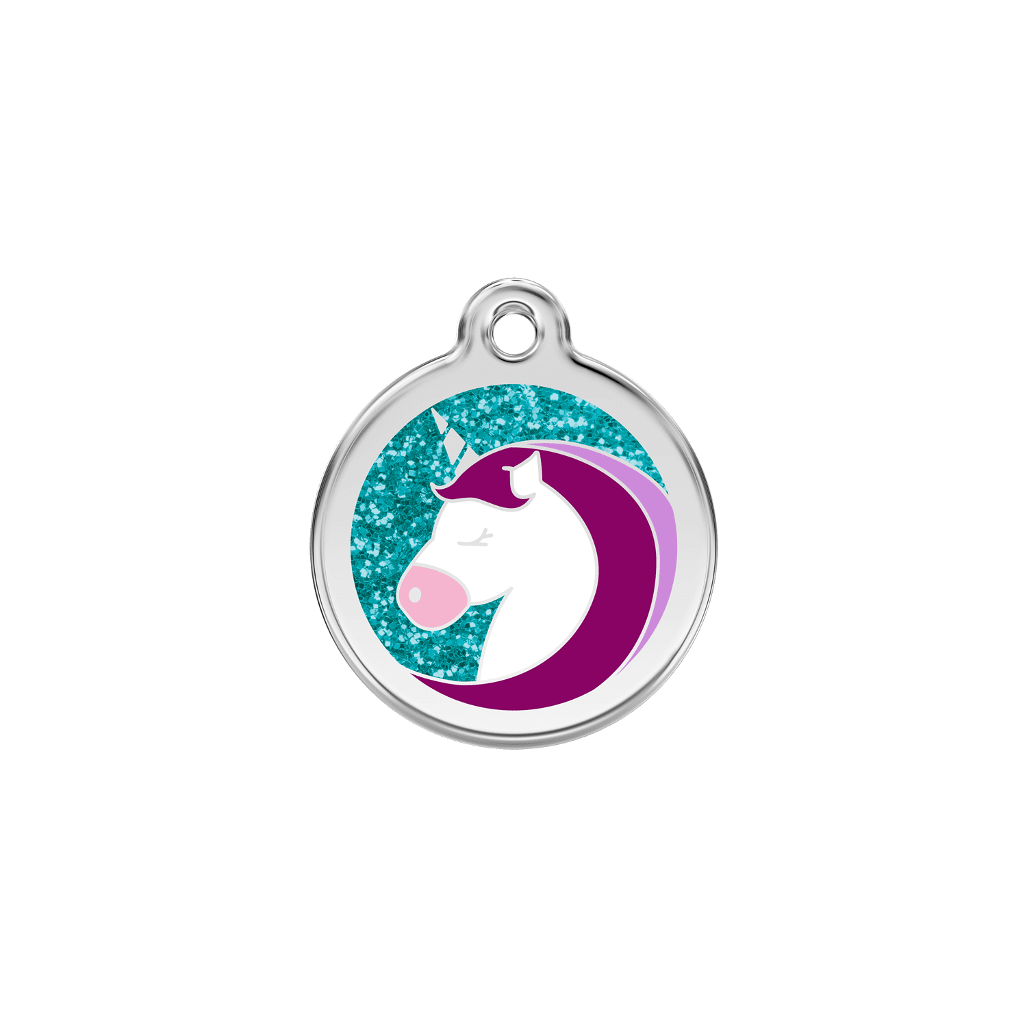Vorderansicht - Katzenmarke Glitzer-Einhorn Aqua S aus Emaille und Edelstahl